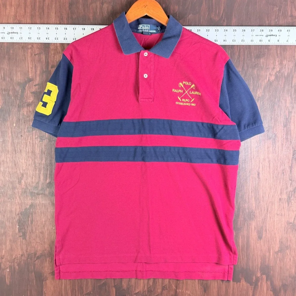 Polo Ralph Lauren Colorblock RLPC Crest Polo Shirt 3 Patch Mens Large Red‎ Navy